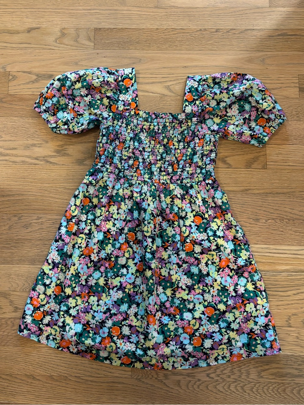 GAP Black Floral Smocked Puff-Sleeve Dress - Multicolor Floral NWOT